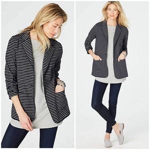 J. Jill Women's Sz M Blue Gray Striped Knit Blazer Button Jacket Pockets Cotton